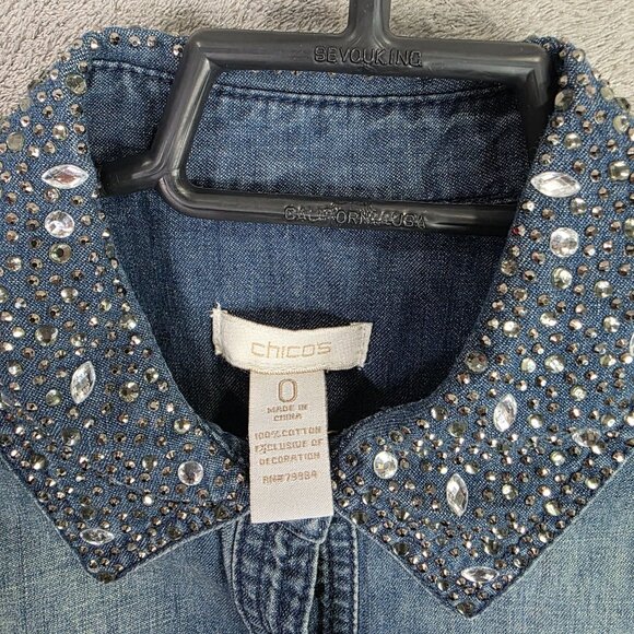 Womens Chicos Rhinestone Embellished Collar Denim Shirt Button Up Cotton Size 0 - Picture 3 of 8